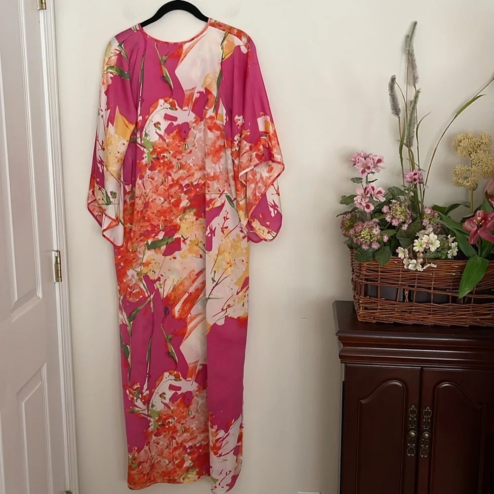 Natori Floral Caftan Nightgown Cover-Up Pink Orange V-Neck XS